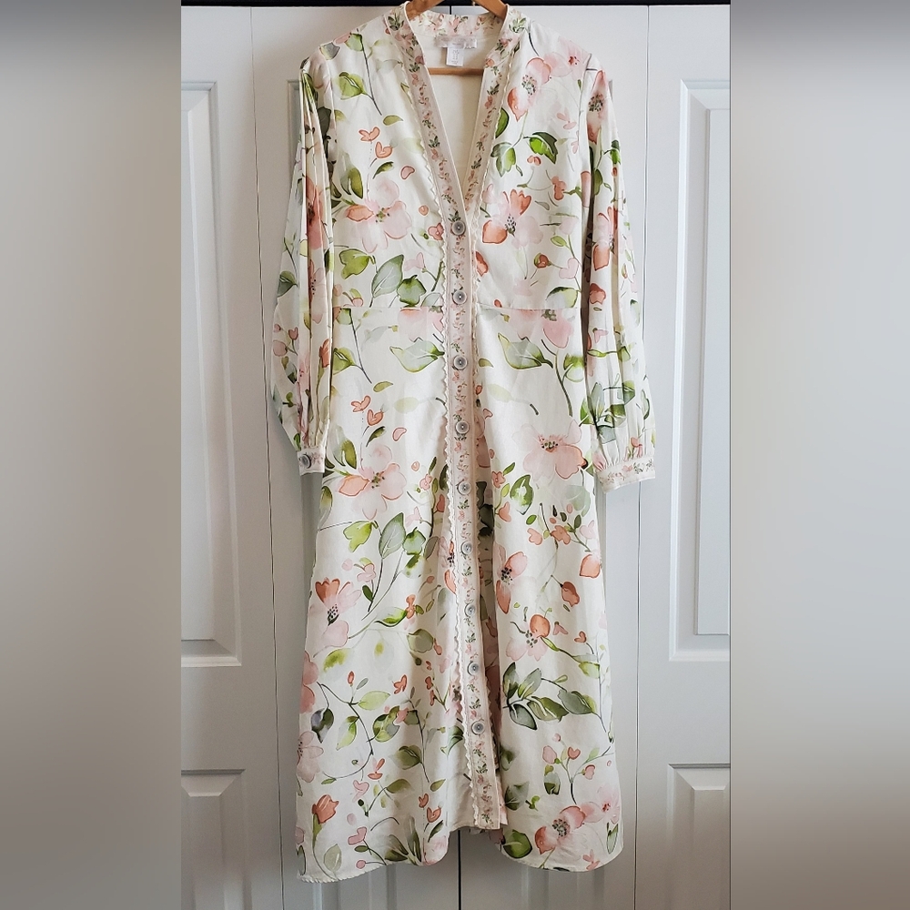 **SOLD**Caroline Constas Linen Blend Floral V-Neck Lace Trim Spring Maxi Dress M
